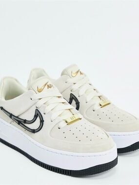 Nike Beige Suede AF1 Shadow Sneakers with Black Swoosh & Gold Accents